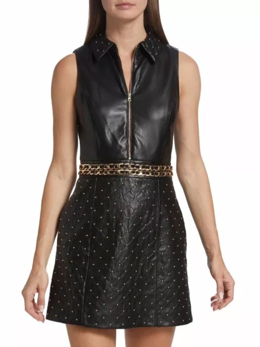 Alice + Olivia Ellis Black Quilted Faux Leather Mini Dress Studded Gold Chain 6